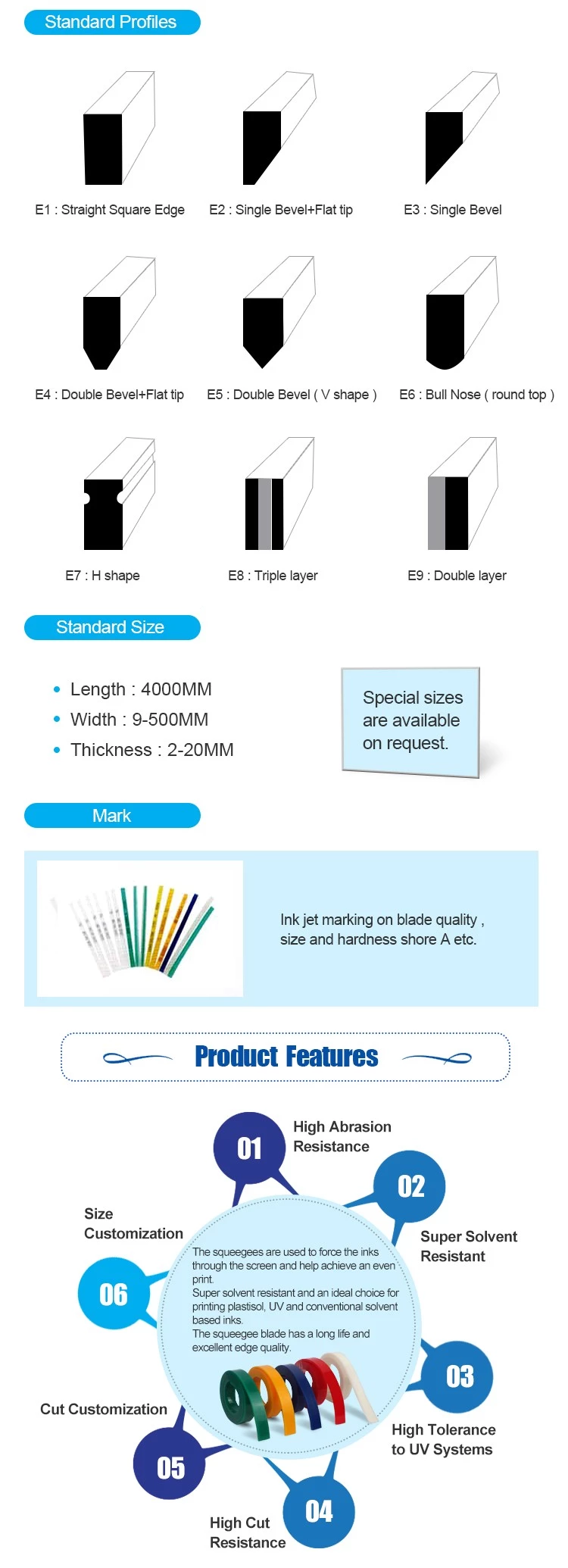 Screen printing squeegee MKPU500